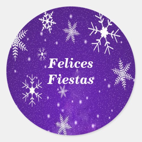 Felices Fiestas Snowflakes Blue Round Stickers