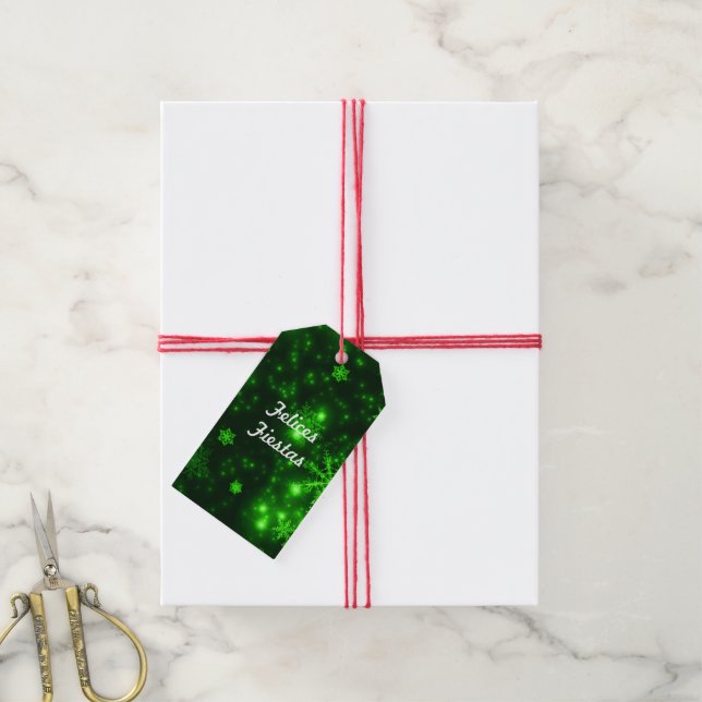 Felices Fiestas Snowflakes Deep Green Gift Tags (With Twine)