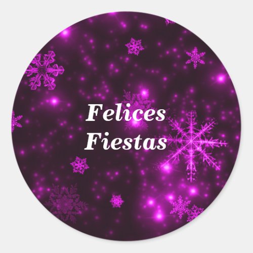 Felices Fiestas Snowflakes Purple Round Stickers