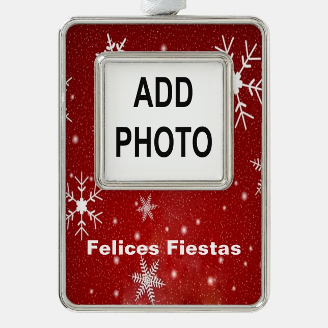 Felices Fiestas Snowflakes & Red Framed Ornament (Front)
