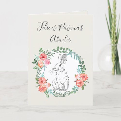 Felices Pascuas Bunny Floral Boho Spanish Ivory Holiday Card