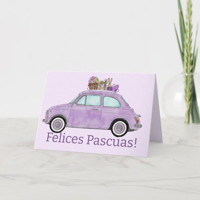 Felices Pascuas Spanish Easter Retro Fiat 500  Holiday Card (Front)