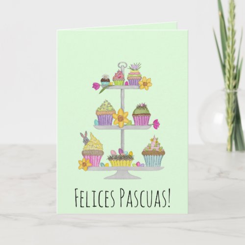 Felices Pascuas Spanish Easter watercolor cupcakes Holiday Card