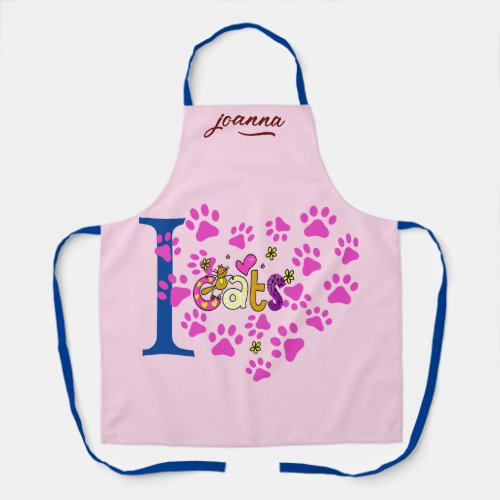Feline Affection I Love Cats Pink Heart Paws Print Apron