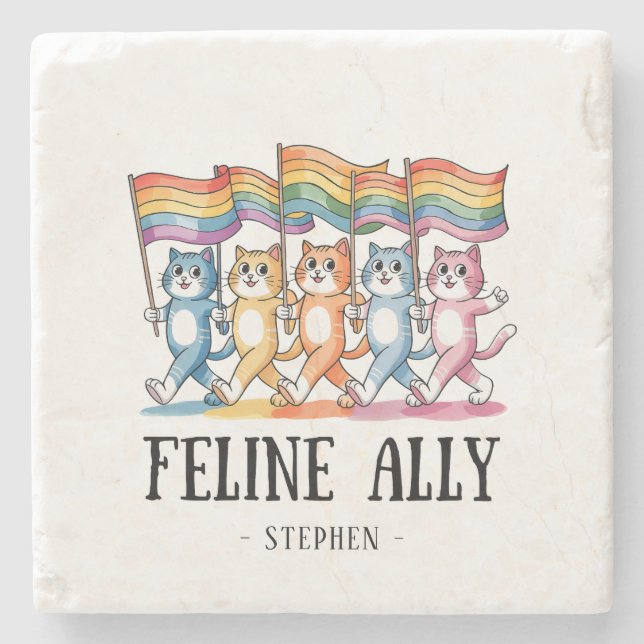 Feline Ally – Rainbow Cat LGBTQ Pride Stone Coaster (Front)