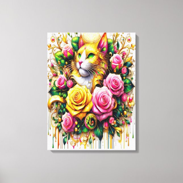 Feline Amidst a Vibrant Floral Bloom18x24 Canvas Print (Front)