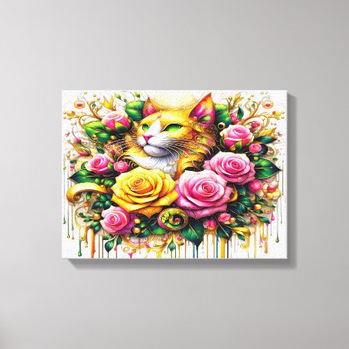 Feline Amidst a Vibrant Floral Bloom 16x12 Canvas Print