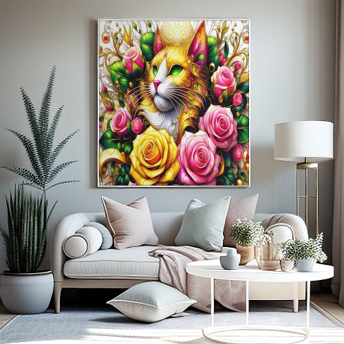 Feline Amidst a Vibrant Floral Bloom 16x12 Poster