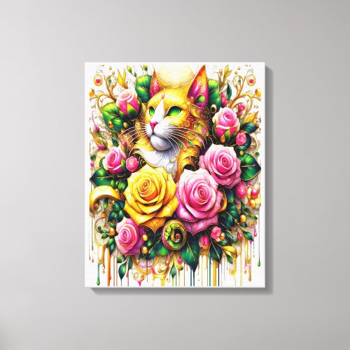 Feline Amidst a Vibrant Floral Bloom  16x20 Canvas Print