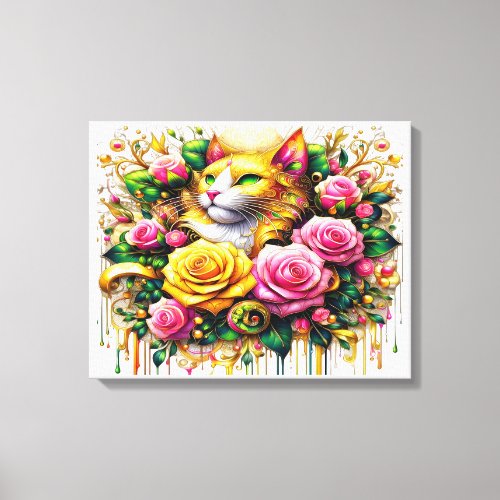 Feline Amidst a Vibrant Floral Bloom 20x16 Canvas Print