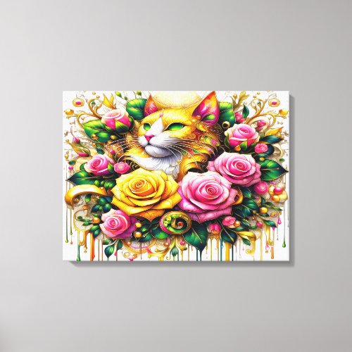 Feline Amidst a Vibrant Floral Bloom 24x18 Canvas Print