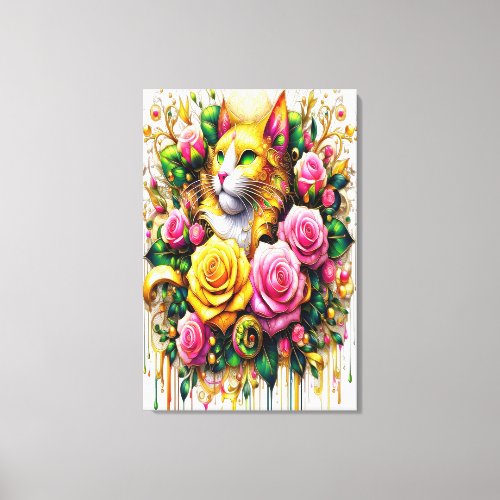 Feline Amidst a Vibrant Floral Bloom 24x36 Canvas Print