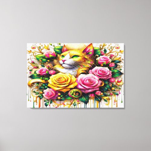 Feline Amidst a Vibrant Floral Bloom 36x24 Canvas Print
