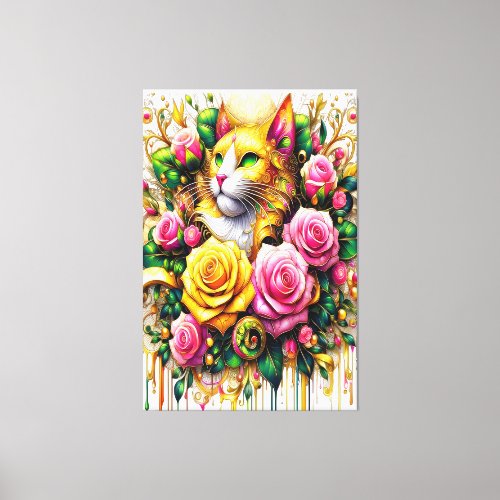 Feline Amidst a Vibrant Floral Bloom Canvas Print
