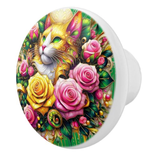 Feline Amidst a Vibrant Floral Bloom Ceramic Knob