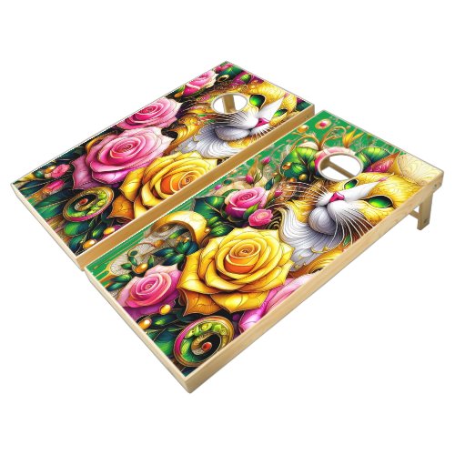 Feline Amidst a Vibrant Floral Bloom Cornhole Set