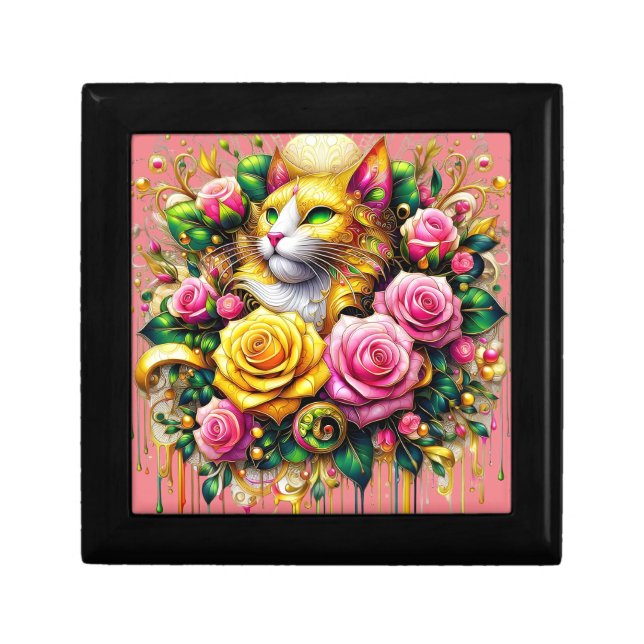 Feline Amidst a Vibrant Floral Bloom Gift Box (Front)