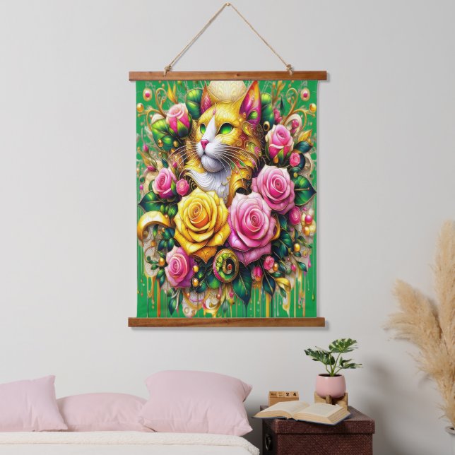 Feline Amidst a Vibrant Floral Bloom Hanging Tapestry (Bedroom)