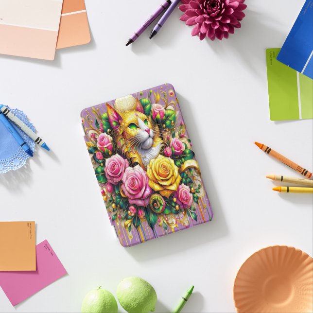 Feline Amidst a Vibrant Floral Bloom iPad Mini Cover (In Situ)