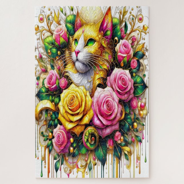 Feline Amidst a Vibrant Floral Bloom Jigsaw Puzzle (Vertical)