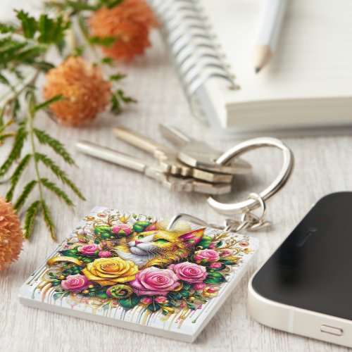 Feline Amidst a Vibrant Floral Bloom Keychain