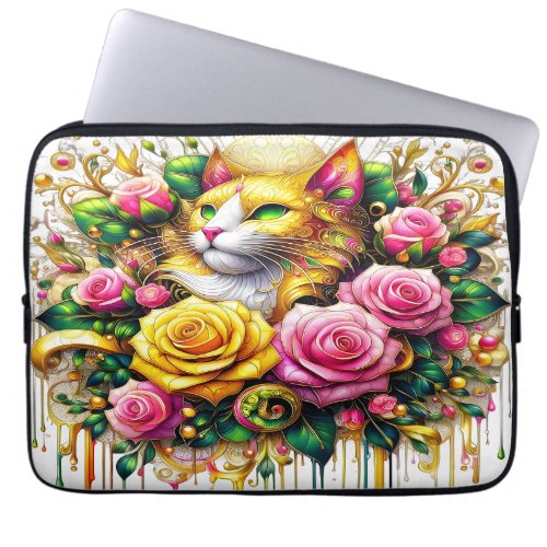 Feline Amidst a Vibrant Floral Bloom Laptop Sleeve