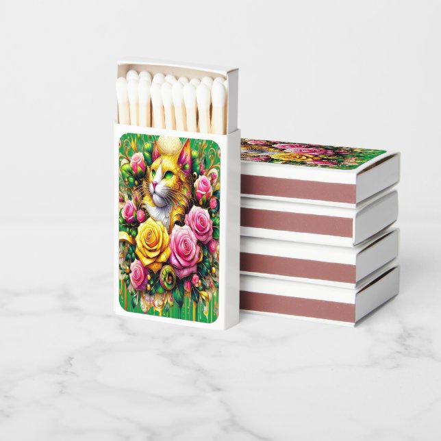 Feline Amidst a Vibrant Floral Bloom Matchboxes (Stacked)