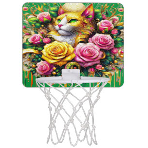 Feline Amidst a Vibrant Floral Bloom Mini Basketball Hoop