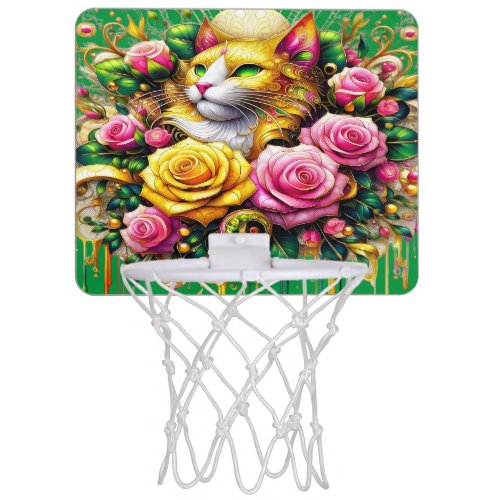 Feline Amidst a Vibrant Floral Bloom Mini Basketball Hoop