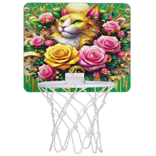 Feline Amidst a Vibrant Floral Bloom Mini Basketball Hoop (Front)
