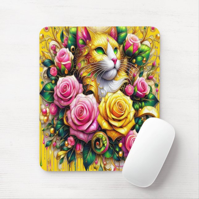 Feline Amidst a Vibrant Floral Bloom Mouse Pad (With Mouse)