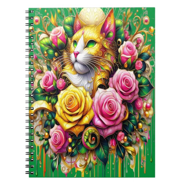 Feline Amidst a Vibrant Floral Bloom Notebook (Front)