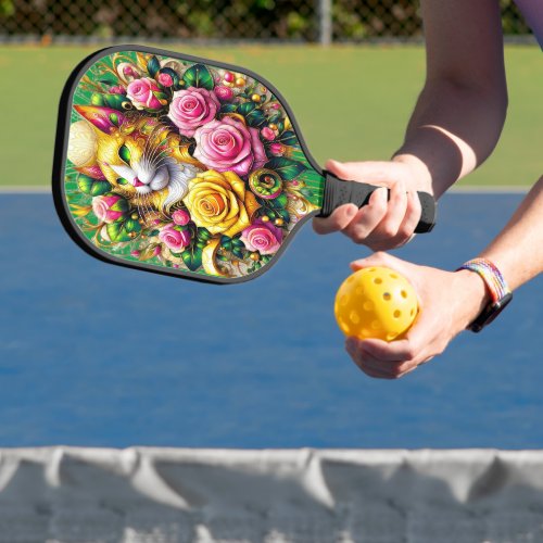 Feline Amidst a Vibrant Floral Bloom Pickleball Paddle