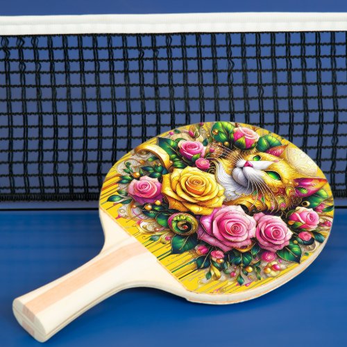 Feline Amidst a Vibrant Floral Bloom Ping Pong Paddle