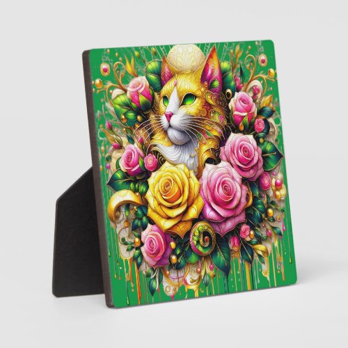 Feline Amidst a Vibrant Floral Bloom Plaque