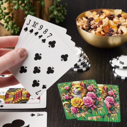 Feline Amidst a Vibrant Floral Bloom Playing Cards