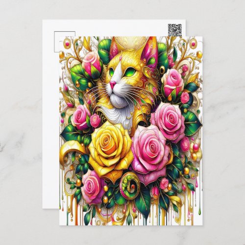 Feline Amidst a Vibrant Floral Bloom Postcard