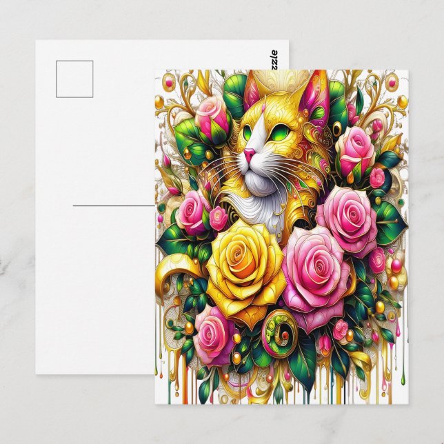Feline Amidst a Vibrant Floral Bloom Postcard (Front/Back)
