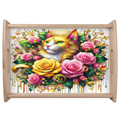 Feline Amidst a Vibrant Floral Bloom Serving Tray