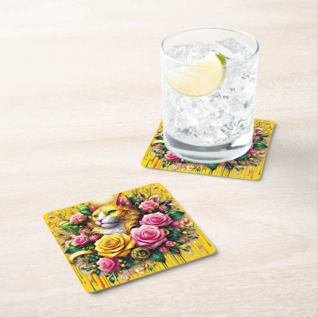 Feline Amidst a Vibrant Floral Bloom Square Paper Coaster (Insitu)