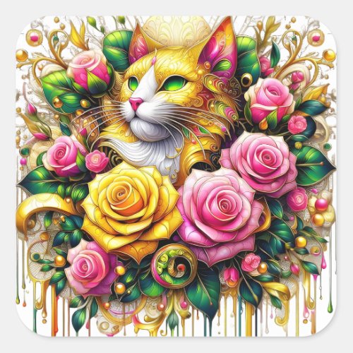 Feline Amidst a Vibrant Floral Bloom Square Sticker