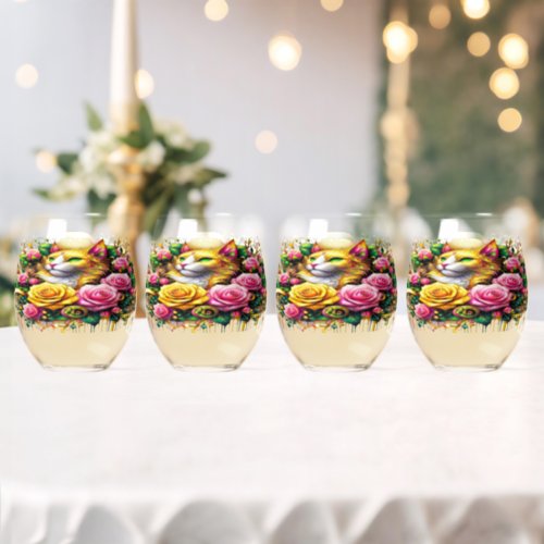 Feline Amidst a Vibrant Floral Bloom Stemless Wine Glass