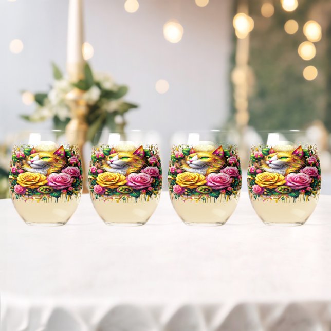 Feline Amidst a Vibrant Floral Bloom Stemless Wine Glass (Insitu (Wedding))