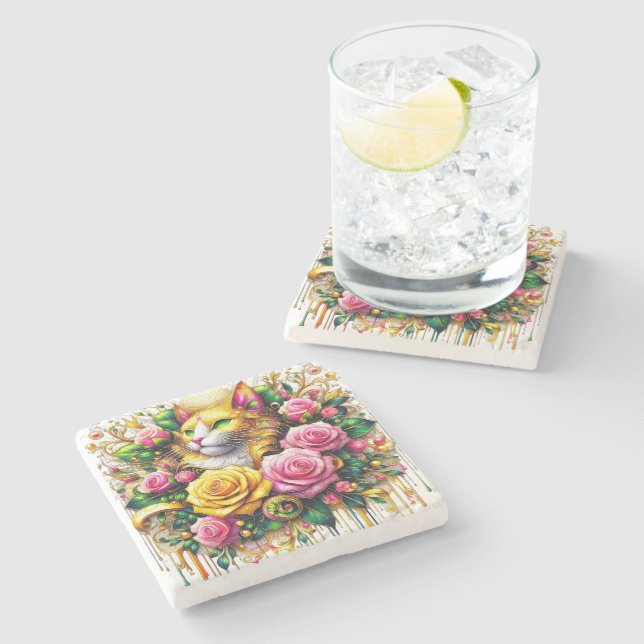 Feline Amidst a Vibrant Floral Bloom Stone Coaster (Side)