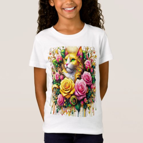 Feline Amidst a Vibrant Floral Bloom T_Shirt