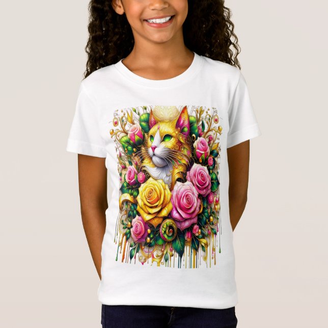Feline Amidst a Vibrant Floral Bloom T-Shirt (Front)