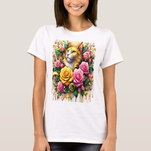 Feline Amidst a Vibrant Floral Bloom T_Shirt