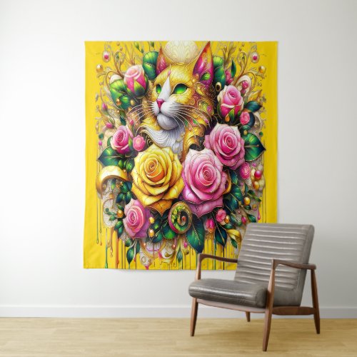 Feline Amidst a Vibrant Floral Bloom Tapestry