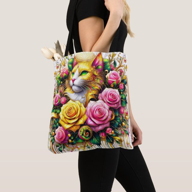 Feline Amidst a Vibrant Floral Bloom Tote Bag (Close Up)