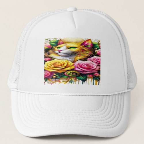Feline Amidst a Vibrant Floral Bloom Trucker Hat